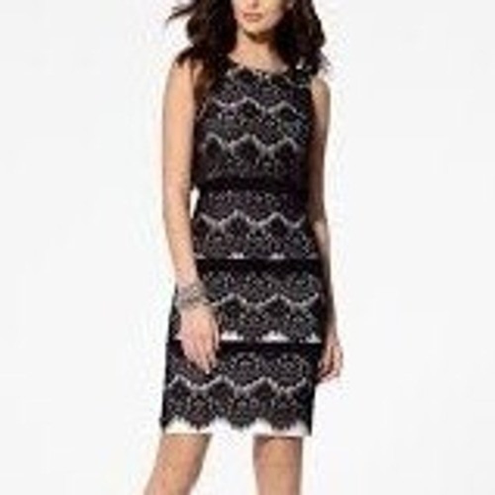 Xscape for Cache Tiered Sheath Dress Womens 4 Black White Lace Feminine Chic NWT